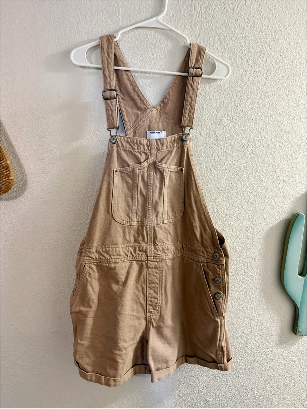 tan denim overall shorts
